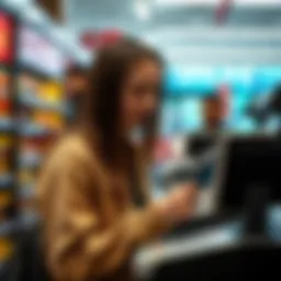 A teenager using a debit card at a store checkout