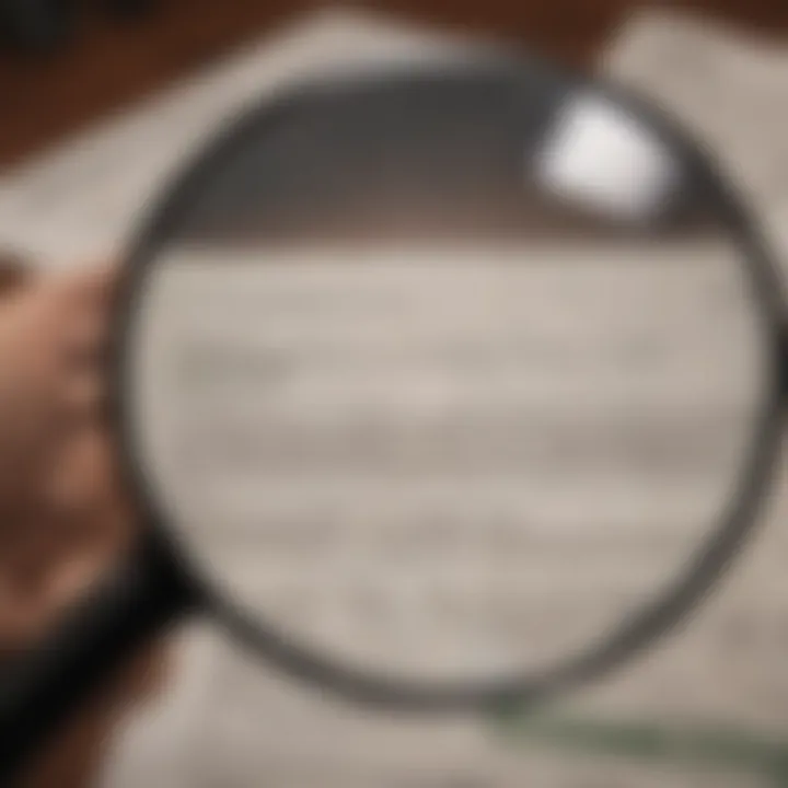 A close-up of a magnifying glass focusing on financial documents