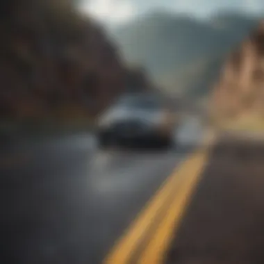 A stylish car driving on a scenic road